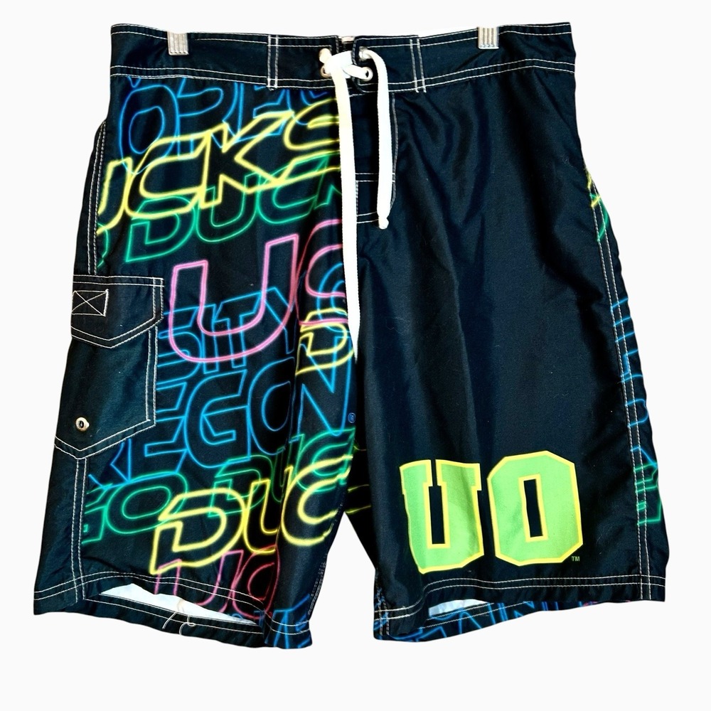 VTG UO Ducks Graphic Board Shorts Size 32 University Of Oregon RARE MR. F Brand